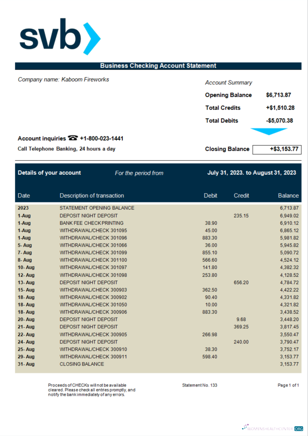 Download SVB Bank firm statement Word and PDF template Photoshop template